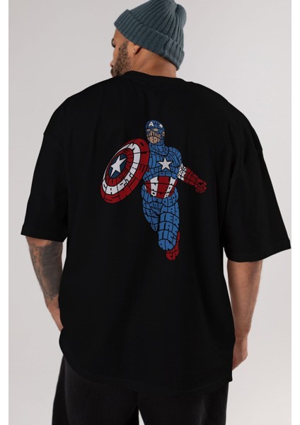 Star And Stripes Hero Arka Baskılı Siyah Oversize T-Shirt Erkek Kadın Bisiklet Yaka