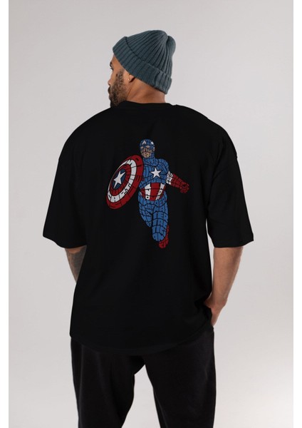 Star And Stripes Hero Arka Baskılı Siyah Oversize T-Shirt Erkek Kadın Bisiklet Yaka