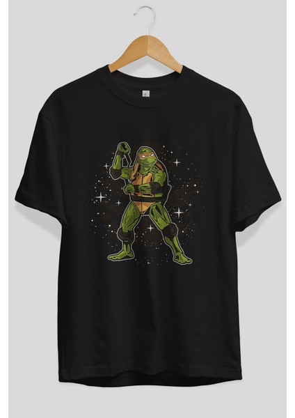 Turtles Ön Baskılı Siyah Oversize T-Shirt Erkek Kadın Bisiklet Yaka fiyatları