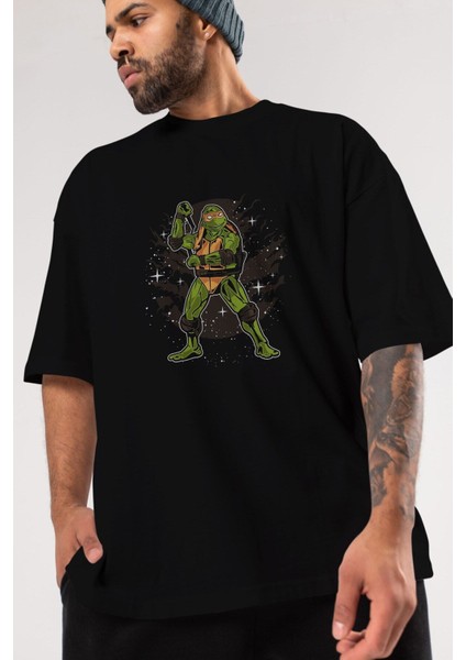 Turtles Ön Baskılı Siyah Oversize T-Shirt Erkek Kadın Bisiklet Yaka fırsatları