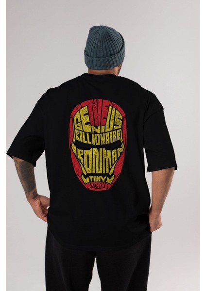 Iron Man Arka Baskılı Siyah Oversize T-Shirt Erkek Kadın Bisiklet Yaka