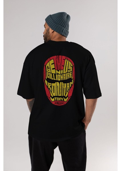 Iron Man Arka Baskılı Siyah Oversize T-Shirt Erkek Kadın Bisiklet Yaka