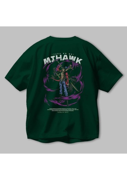 Mihawk Anime Arka Baskılı Zümrüt Yeşili Oversize T-Shirt Pamuk Erkek Kadın modelleri