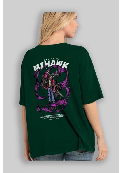 Mihawk Anime Arka Baskılı Zümrüt Yeşili Oversize T-Shirt Pamuk Erkek Kadın fırsatları