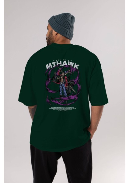Mihawk Anime Arka Baskılı Zümrüt Yeşili Oversize T-Shirt Pamuk Erkek Kadın indirimleri