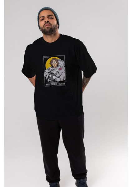 John Lennon Astronot Ön Baskılı Siyah Oversize T-Shirt Erkek Kadın Bisiklet Yaka