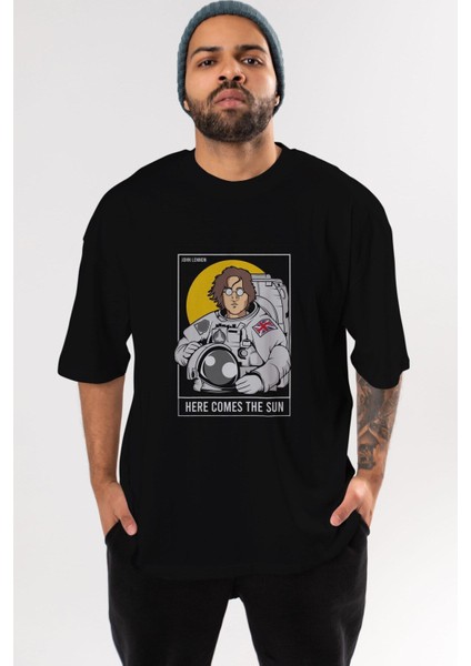 John Lennon Astronot Ön Baskılı Siyah Oversize T-Shirt Erkek Kadın Bisiklet Yaka