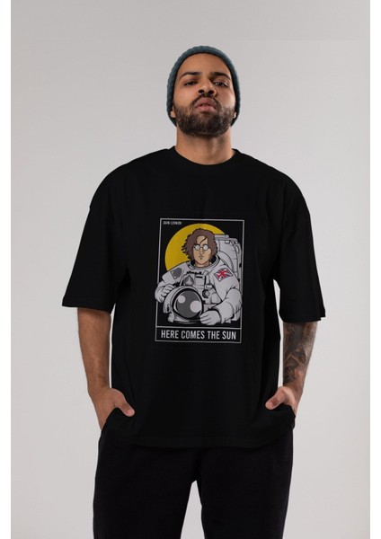 John Lennon Astronot Ön Baskılı Siyah Oversize T-Shirt Erkek Kadın Bisiklet Yaka