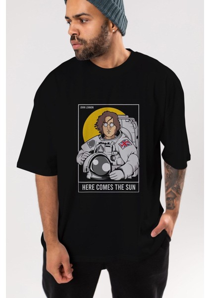 John Lennon Astronot Ön Baskılı Siyah Oversize T-Shirt Erkek Kadın Bisiklet Yaka