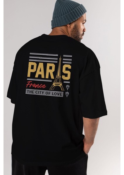 Paris Arka Baskılı Siyah Oversize T-Shirt Erkek Kadın Bisiklet Yaka