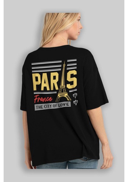 Paris Arka Baskılı Siyah Oversize T-Shirt Erkek Kadın Bisiklet Yaka fiyatları