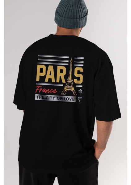 Paris Arka Baskılı Siyah Oversize T-Shirt Erkek Kadın Bisiklet Yaka fırsatları