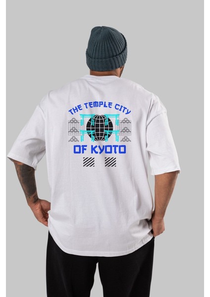 The Temple City Of Kyoto Arka Baskılı Beyaz Oversize T-Shirt Erkek Kadın Bisiklet Yaka