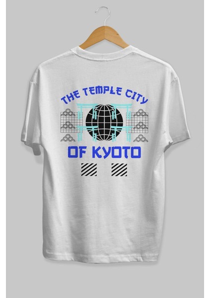 The Temple City Of Kyoto Arka Baskılı Beyaz Oversize T-Shirt Erkek Kadın Bisiklet Yaka fiyatları
