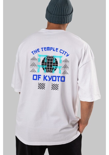 The Temple City Of Kyoto Arka Baskılı Beyaz Oversize T-Shirt Erkek Kadın Bisiklet Yaka modelleri