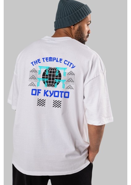 The Temple City Of Kyoto Arka Baskılı Beyaz Oversize T-Shirt Erkek Kadın Bisiklet Yaka fırsatları