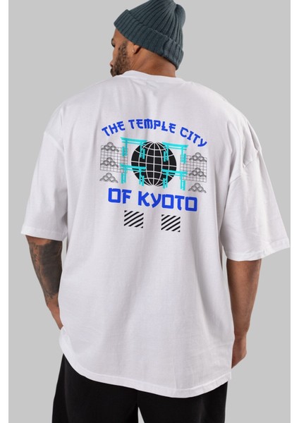 The Temple City Of Kyoto Arka Baskılı Beyaz Oversize T-Shirt Erkek Kadın Bisiklet Yaka indirimleri