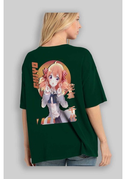 Chiyo Sakura 5 Anime Arka Baskılı Zümrüt Yeşili Oversize T-Shirt Pamuk Erkek Kadın fırsatları