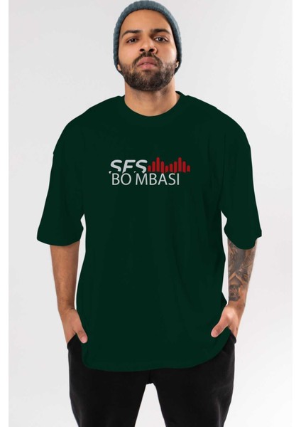 Ses Bombası Ön Baskılı Zümrüt Yeşili Oversize T-Shirt Erkek Kadın Bisiklet Yaka