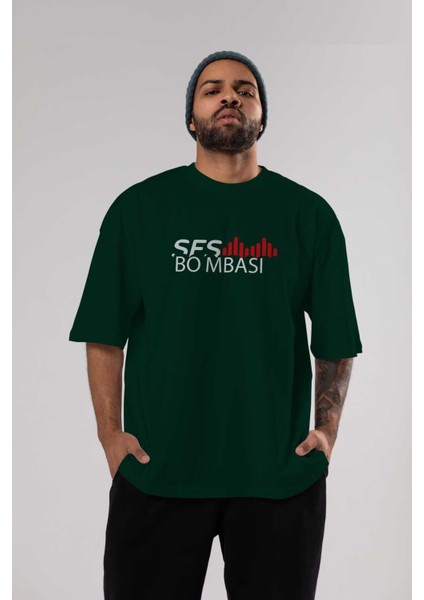 Ses Bombası Ön Baskılı Zümrüt Yeşili Oversize T-Shirt Erkek Kadın Bisiklet Yaka indirimleri