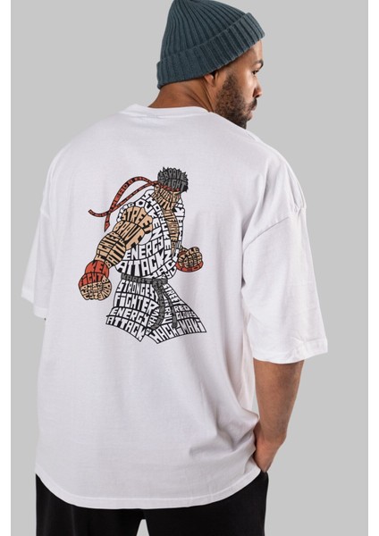 Hadouken Arka Baskılı Beyaz Oversize T-Shirt Erkek Kadın Bisiklet Yaka fiyatları