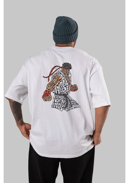Hadouken Arka Baskılı Beyaz Oversize T-Shirt Erkek Kadın Bisiklet Yaka modelleri