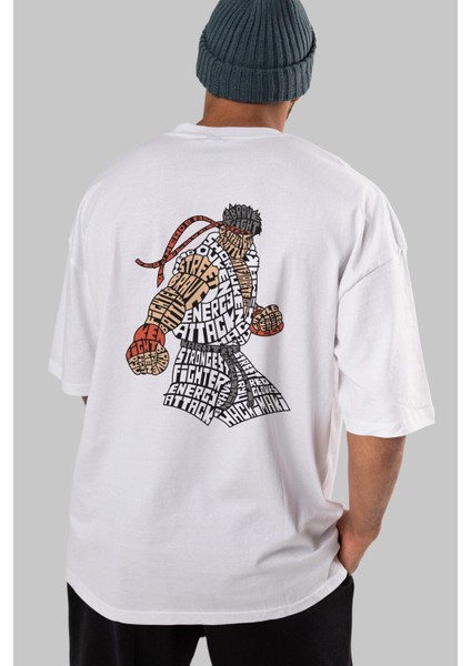 Hadouken Arka Baskılı Beyaz Oversize T-Shirt Erkek Kadın Bisiklet Yaka fırsatları