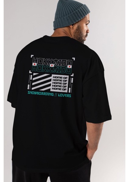 Hokkaido Home Arka Baskılı Siyah Oversize T-Shirt Erkek Kadın Bisiklet Yaka fiyatları