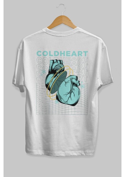 Cold Heart Arka Baskılı Beyaz Oversize T-Shirt Erkek Kadın Bisiklet Yaka