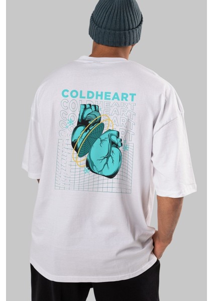 Cold Heart Arka Baskılı Beyaz Oversize T-Shirt Erkek Kadın Bisiklet Yaka fiyatları