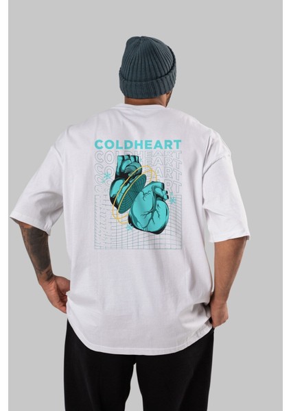 Cold Heart Arka Baskılı Beyaz Oversize T-Shirt Erkek Kadın Bisiklet Yaka modelleri