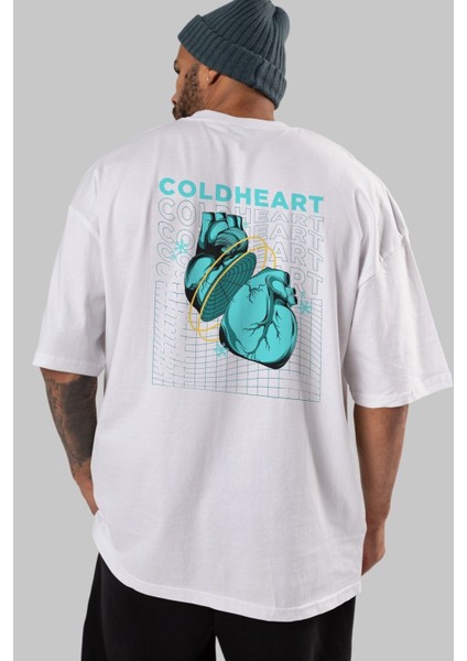 Cold Heart Arka Baskılı Beyaz Oversize T-Shirt Erkek Kadın Bisiklet Yaka fırsatları