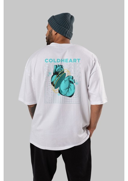 Cold Heart Arka Baskılı Beyaz Oversize T-Shirt Erkek Kadın Bisiklet Yaka indirimleri