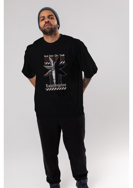 God Save The Youth Ön Baskılı Siyah Oversize T-Shirt Erkek Kadın Bisiklet Yaka