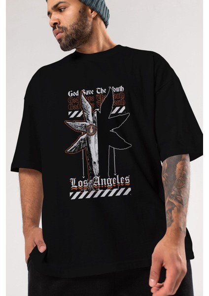 God Save The Youth Ön Baskılı Siyah Oversize T-Shirt Erkek Kadın Bisiklet Yaka fiyatları