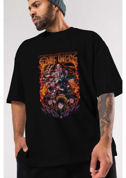 One Pıece (3) Anime Ön Baskılı Siyah Oversize T-Shirt Erkek Kadın modelleri