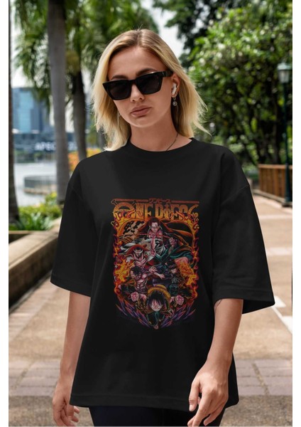 One Pıece (3) Anime Ön Baskılı Siyah Oversize T-Shirt Erkek Kadın indirimleri