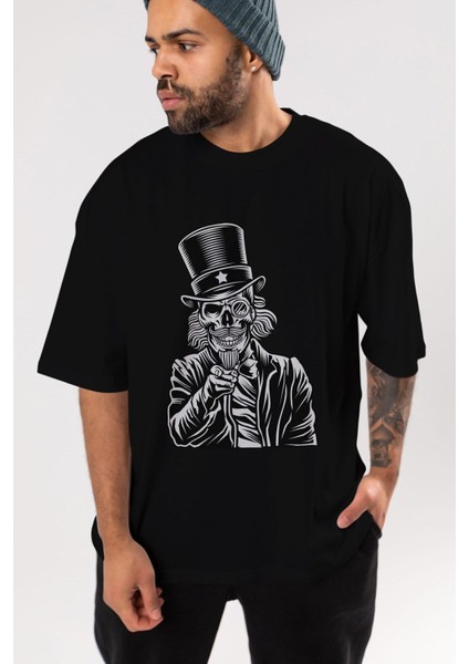 I Want You Skull Ön Baskılı Siyah Oversize T-Shirt Erkek Kadın Bisiklet Yaka