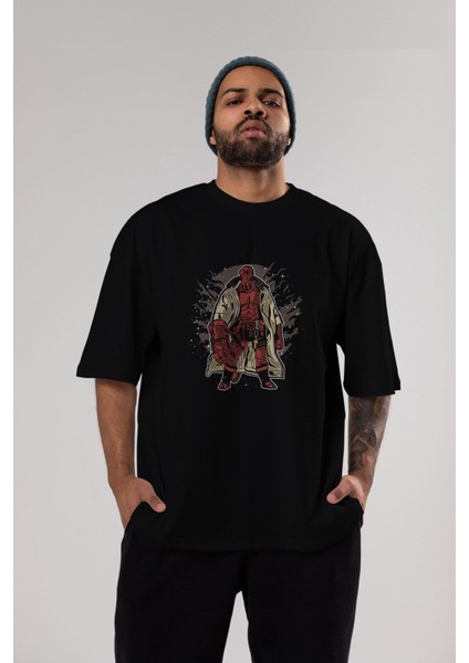Hellboy Ön Baskılı Siyah Oversize T-Shirt Erkek Kadın Bisiklet Yaka