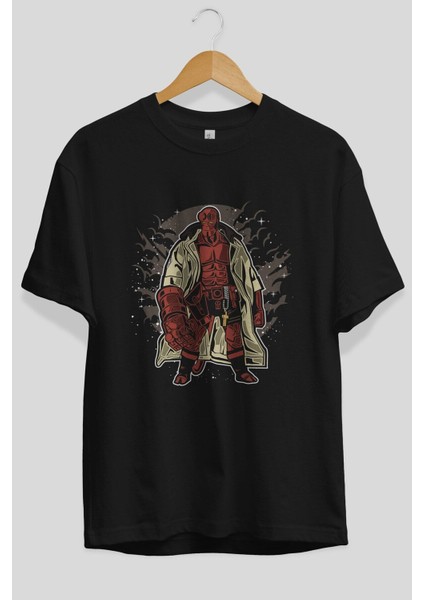Hellboy Ön Baskılı Siyah Oversize T-Shirt Erkek Kadın Bisiklet Yaka fiyatları