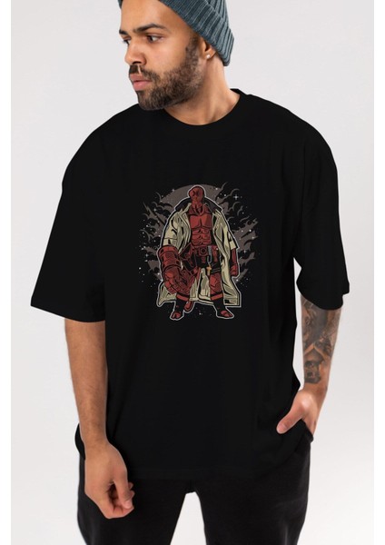 Hellboy Ön Baskılı Siyah Oversize T-Shirt Erkek Kadın Bisiklet Yaka modelleri