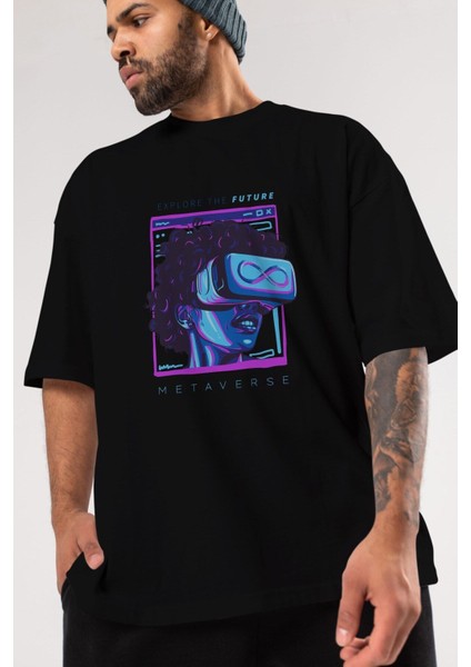 Metaverse Ön Baskılı Siyah Oversize T-Shirt Erkek Kadın Bisiklet Yaka