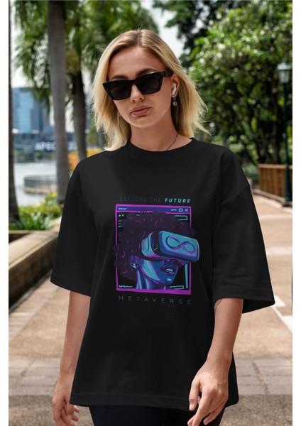 Metaverse Ön Baskılı Siyah Oversize T-Shirt Erkek Kadın Bisiklet Yaka indirimleri