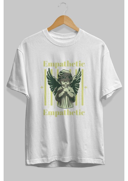 Empathetic Ön Baskılı Beyaz Oversize T-Shirt Erkek Kadın Bisiklet Yaka fiyatları