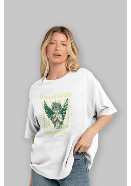 Empathetic Ön Baskılı Beyaz Oversize T-Shirt Erkek Kadın Bisiklet Yaka modelleri