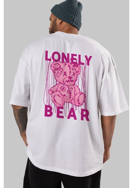 Lonely Bear Arka Baskılı Beyaz Oversize T-Shirt Erkek Kadın Bisiklet Yaka