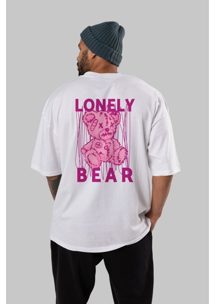 Lonely Bear Arka Baskılı Beyaz Oversize T-Shirt Erkek Kadın Bisiklet Yaka fiyatları