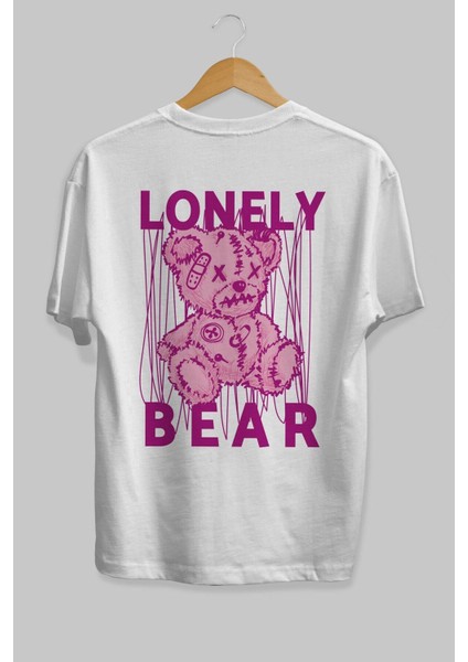Lonely Bear Arka Baskılı Beyaz Oversize T-Shirt Erkek Kadın Bisiklet Yaka modelleri
