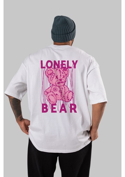 Lonely Bear Arka Baskılı Beyaz Oversize T-Shirt Erkek Kadın Bisiklet Yaka fırsatları
