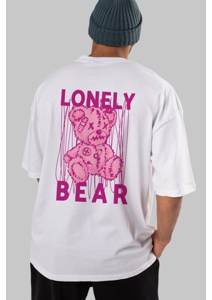 Lonely Bear Arka Baskılı Beyaz Oversize T-Shirt Erkek Kadın Bisiklet Yaka indirimleri